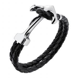 🦚 Mendozza Armband MJ-BR44030G Anchor Herren Lederarmband Schwarz Silber 21 cm (M)